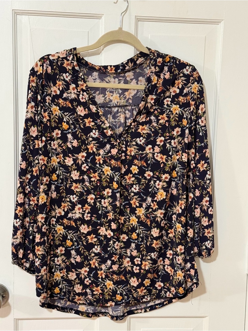 Floral V-Neck Blouse in Navy with Pink and Yellow Accent
